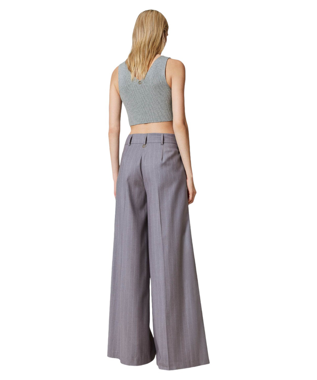 Pantaloni Wide Leg Gessati con Risvolto-Twinset-Pantaloni-Vittorio Citro Boutique