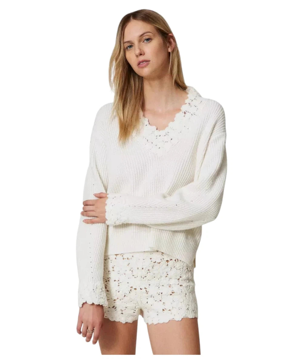 Maglia in Misto Lana con Ricamo Floreale a Crochet-Twinset-Maglieria-Vittorio Citro Boutique