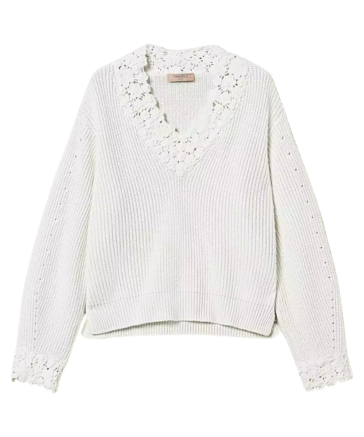 Maglia in Misto Lana con Ricamo Floreale a Crochet-Maglieria-Twinset-Vittorio Citro Boutique