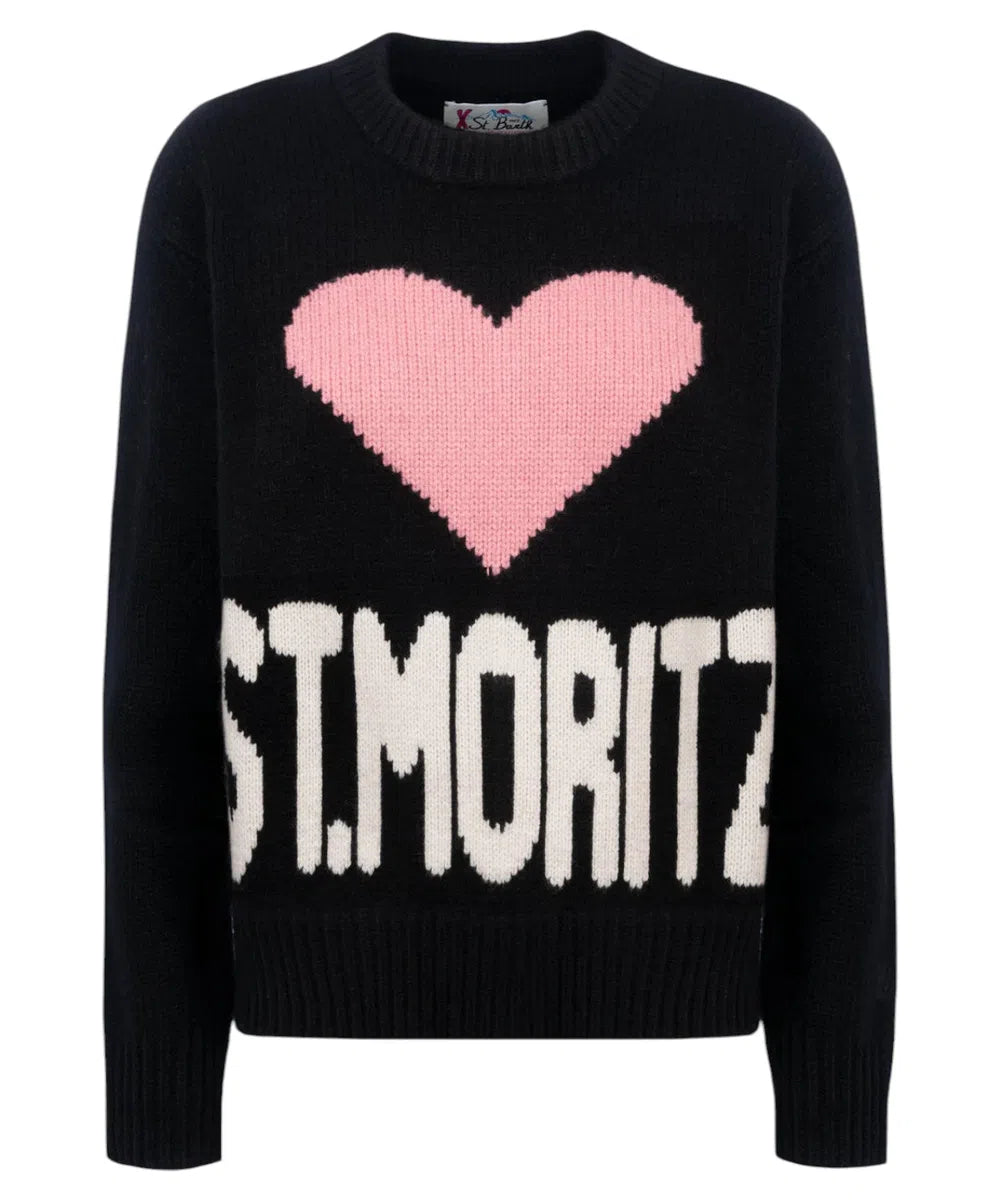 Maglione da Donna Nero Fair Isle Kyla con Stampa St. Moritz in Lana-Mc2 Saint Barth-Maglieria-Vittorio Citro Boutique